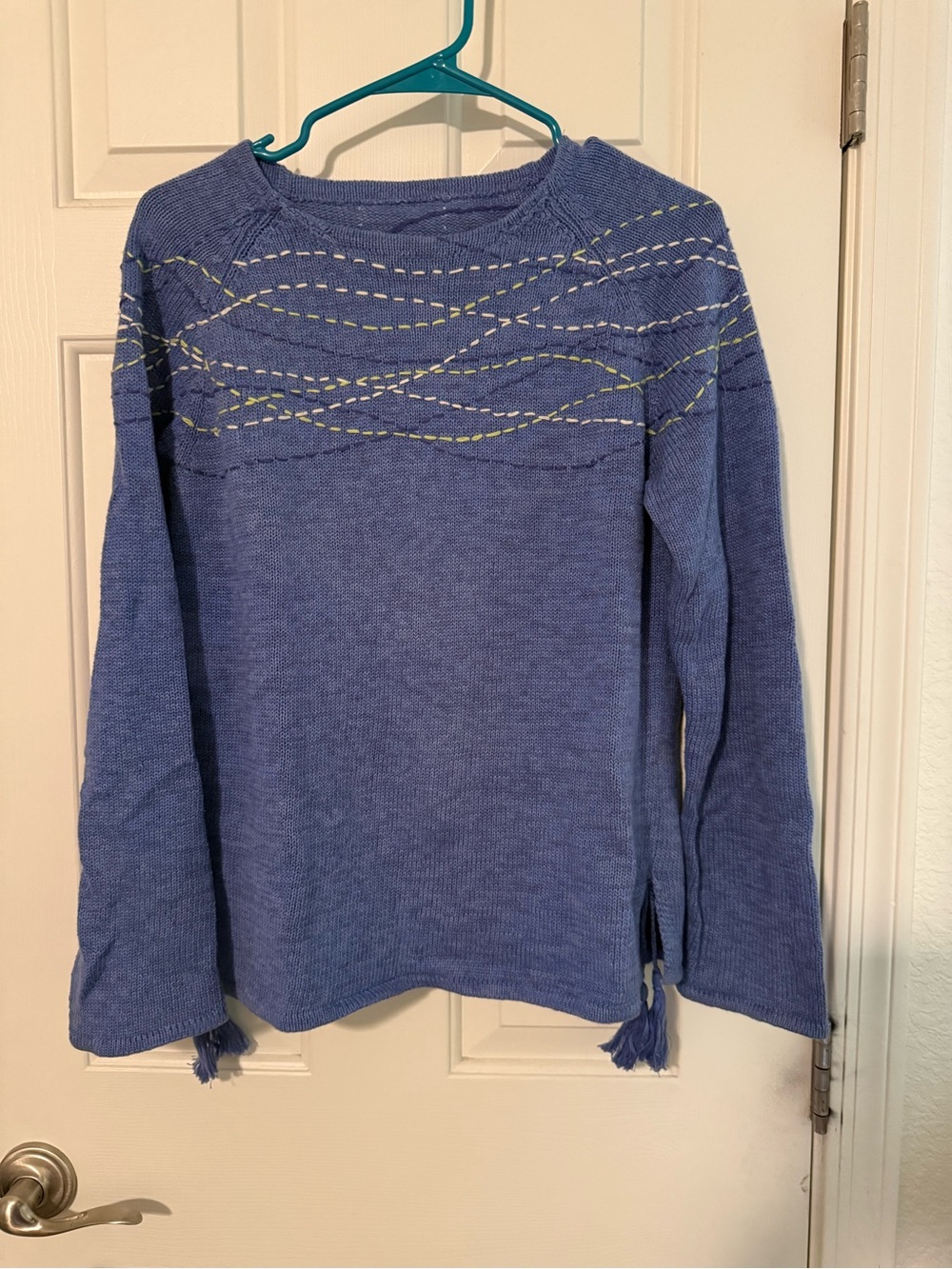 Blue Knit Sweater with Embroidered Wave Detail